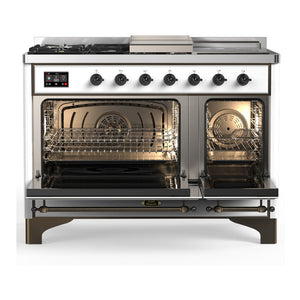 ILVE Majestic III 48-Inch Dual Fuel Range with 5 Sealed Burners + Griddle + French Top, 5.02 cu. ft. Oven, White with Burnished Trim, Liquid Propane, Triple Glass Door, UM48FSNR3WHBLP