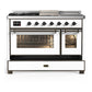 ILVE Majestic III 48-Inch Dual Fuel Range with 5 Sealed Burners + Griddle + French Top, 5.02 cu. ft. Oven, White with Burnished Trim, Liquid Propane, Triple Glass Door, UM48FSNR3WHBLP