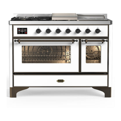 ILVE Majestic III 48-Inch Dual Fuel Range with 5 Sealed Burners + Griddle + French Top, 5.02 cu. ft. Oven, White with Burnished Trim, Liquid Propane, Triple Glass Door, UM48FSNR3WHBLP