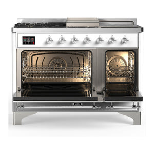ILVE Majestic III 48-Inch Dual Fuel Range with 5 Sealed Burners + Griddle + French Top, 5.02 cu. ft. Oven, White with Chrome Trim, Liquid Propane, Triple Glass Door, UM48FSNR3WHCLP
