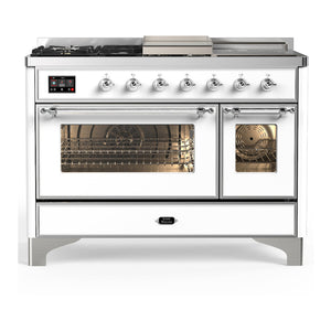 ILVE Majestic III 48-Inch Dual Fuel Range with 5 Sealed Burners + Griddle + French Top, 5.02 cu. ft. Oven, White with Chrome Trim, Liquid Propane, Triple Glass Door, UM48FSNR3WHCLP