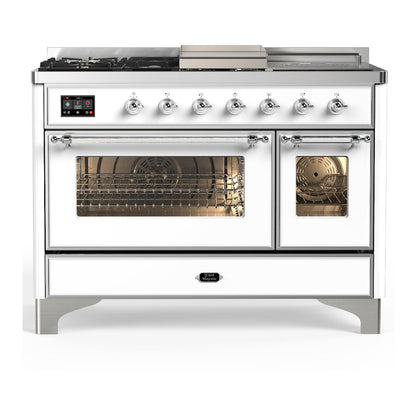 ILVE Majestic III 48-Inch Dual Fuel Range with 5 Sealed Burners + Griddle + French Top, 5.02 cu. ft. Oven, White with Chrome Trim, Natural Gas, Triple Glass Door, UM48FSNR3WHC