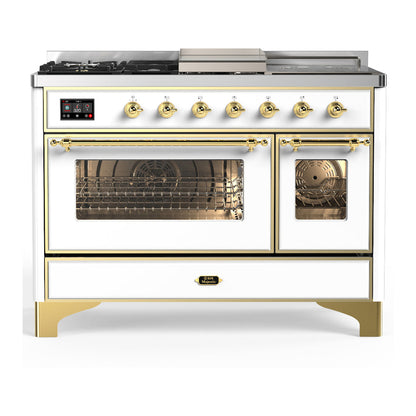 ILVE Majestic III 48-Inch Dual Fuel Range with 5 Sealed Burners + Griddle + French Top, 5.02 cu. ft. Oven, White with Brass Trim, Liquid Propane, Triple Glass Door, UM48FSNR3WHGLP
