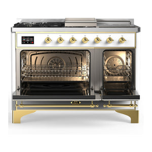 ILVE Majestic III 48-Inch Dual Fuel Range with 5 Sealed Burners + Griddle + French Top, 5.02 cu. ft. Oven, White with Brass Trim, Natural Gas, Triple Glass Door, UM48FSNR3WHG