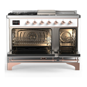 ILVE Majestic III 48-Inch Dual Fuel Range with 5 Sealed Burners + Griddle + French Top, 5.02 cu. ft. Oven, White with Copper Trim, Liquid Propane, Triple Glass Door, UM48FSNR3WHPLP