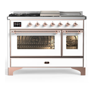 ILVE Majestic III 48-Inch Dual Fuel Range with 5 Sealed Burners + Griddle + French Top, 5.02 cu. ft. Oven, White with Copper Trim, Liquid Propane, Triple Glass Door, UM48FSNR3WHPLP