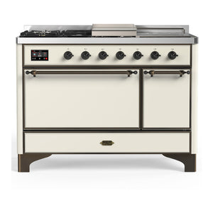 ILVE Majestic III 48-Inch Dual Fuel Range with 5 Sealed Burners + Griddle + French Top, 5.02 cu. ft. Oven, Antique White with Burnished Trim, Liquid Propane, Solid Door, UM48FSQNR3AWBLP
