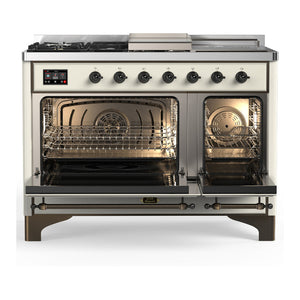 ILVE Majestic III 48-Inch Dual Fuel Range with 5 Sealed Burners + Griddle + French Top, 5.02 cu. ft. Oven, Antique White with Burnished Trim, Natural Gas, Solid Door, UM48FSQNR3AWB