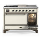 ILVE Majestic III 48-Inch Dual Fuel Range with 5 Sealed Burners + Griddle + French Top, 5.02 cu. ft. Oven, Antique White with Burnished Trim, Natural Gas, Solid Door, UM48FSQNR3AWB