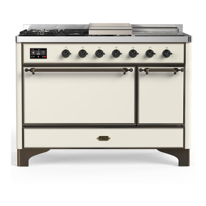 ILVE Majestic III 48-Inch Dual Fuel Range with 5 Sealed Burners + Griddle + French Top, 5.02 cu. ft. Oven, Antique White with Burnished Trim, Natural Gas, Solid Door, UM48FSQNR3AWB
