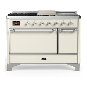 ILVE Majestic III 48-Inch Dual Fuel Range with 5 Sealed Burners + Griddle + French Top, 5.02 cu. ft. Oven, Antique White with Chrome Trim, Liquid Propane, Solid Door, UM48FSQNR3AWCLP
