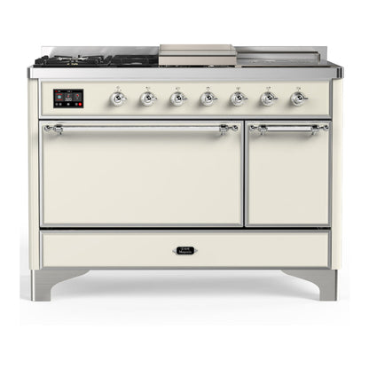 ILVE Majestic III 48-Inch Dual Fuel Range with 5 Sealed Burners + Griddle + French Top, 5.02 cu. ft. Oven, Antique White with Chrome Trim, Natural Gas, Solid Door, UM48FSQNR3AWC