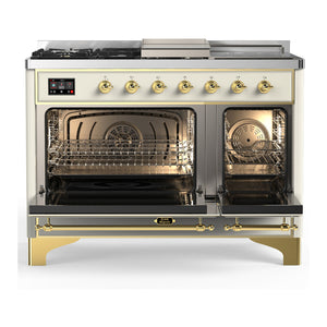 ILVE Majestic III 48-Inch Dual Fuel Range with 5 Sealed Burners + Griddle + French Top, 5.02 cu. ft. Oven, Antique White with Brass Trim, Natural Gas, Solid Door, UM48FSQNR3AWG