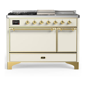 ILVE Majestic III 48-Inch Dual Fuel Range with 5 Sealed Burners + Griddle + French Top, 5.02 cu. ft. Oven, Antique White with Brass Trim, Natural Gas, Solid Door, UM48FSQNR3AWG