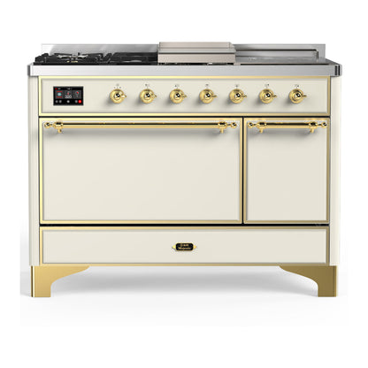 ILVE Majestic III 48-Inch Dual Fuel Range with 5 Sealed Burners + Griddle + French Top, 5.02 cu. ft. Oven, Antique White with Brass Trim, Natural Gas, Solid Door, UM48FSQNR3AWG
