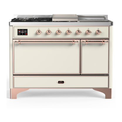 ILVE Majestic III 48-Inch Dual Fuel Range with 5 Sealed Burners + Griddle + French Top, 5.02 cu. ft. Oven, Antique White with Copper Trim, Liquid Propane, Solid Door, UM48FSQNR3AWPLP