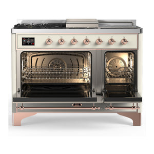 ILVE Majestic III 48-Inch Dual Fuel Range with 5 Sealed Burners + Griddle + French Top, 5.02 cu. ft. Oven, Antique White with Copper Trim, Natural Gas, Solid Door, UM48FSQNR3AWP