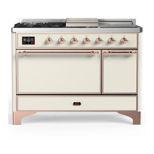 ILVE Majestic III 48-Inch Dual Fuel Range with 5 Sealed Burners + Griddle + French Top, 5.02 cu. ft. Oven, Antique White with Copper Trim, Natural Gas, Solid Door, UM48FSQNR3AWP