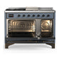 ILVE Majestic III 48-Inch Dual Fuel Range with 5 Sealed Burners + Griddle + French Top, 5.02 cu. ft. Oven, Blue Grey with Burnished Trim, Liquid Propane, Solid Door, UM48FSQNR3BGBLP