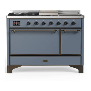 ILVE Majestic III 48-Inch Dual Fuel Range with 5 Sealed Burners + Griddle + French Top, 5.02 cu. ft. Oven, Blue Grey with Burnished Trim, Liquid Propane, Solid Door, UM48FSQNR3BGBLP