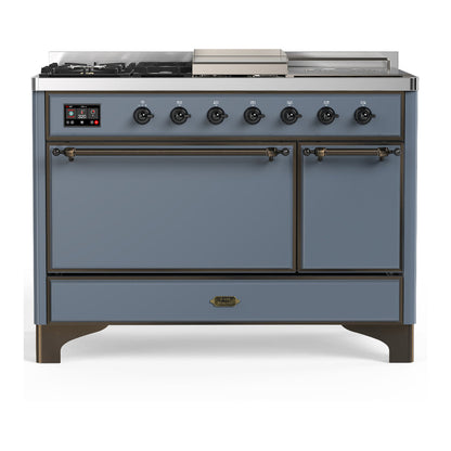ILVE Majestic III 48-Inch Dual Fuel Range with 5 Sealed Burners + Griddle + French Top, 5.02 cu. ft. Oven, Blue Grey with Burnished Trim, Liquid Propane, Solid Door, UM48FSQNR3BGBLP