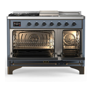ILVE Majestic III 48-Inch Dual Fuel Range with 5 Sealed Burners + Griddle + French Top, 5.02 cu. ft. Oven, Blue Grey with Burnished Trim, Natural Gas, Solid Door, UM48FSQNR3BGB