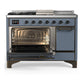 ILVE Majestic III 48-Inch Dual Fuel Range with 5 Sealed Burners + Griddle + French Top, 5.02 cu. ft. Oven, Blue Grey with Burnished Trim, Natural Gas, Solid Door, UM48FSQNR3BGB