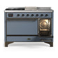 ILVE Majestic III 48-Inch Dual Fuel Range with 5 Sealed Burners + Griddle + French Top, 5.02 cu. ft. Oven, Blue Grey with Burnished Trim, Natural Gas, Solid Door, UM48FSQNR3BGB