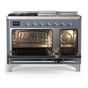 ILVE Majestic III 48-Inch Dual Fuel Range with 5 Sealed Burners + Griddle + French Top, 5.02 cu. ft. Oven, Blue Grey with Chrome Trim, Liquid Propane, Solid Door, UM48FSQNR3BGCLP