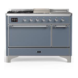 ILVE Majestic III 48-Inch Dual Fuel Range with 5 Sealed Burners + Griddle + French Top, 5.02 cu. ft. Oven, Blue Grey with Chrome Trim, Liquid Propane, Solid Door, UM48FSQNR3BGCLP