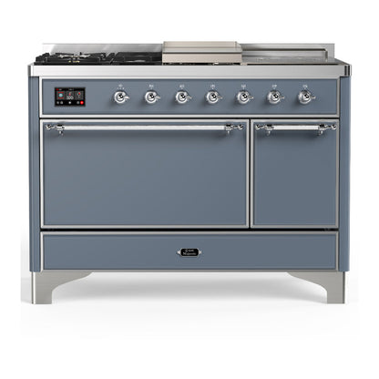 ILVE Majestic III 48-Inch Dual Fuel Range with 5 Sealed Burners + Griddle + French Top, 5.02 cu. ft. Oven, Blue Grey with Chrome Trim, Liquid Propane, Solid Door, UM48FSQNR3BGCLP