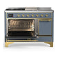 ILVE Majestic III 48-Inch Dual Fuel Range with 5 Sealed Burners + Griddle + French Top, 5.02 cu. ft. Oven, Blue Grey with Brass Trim, Liquid Propane, Solid Door, UM48FSQNR3BGGLP