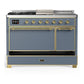 ILVE Majestic III 48-Inch Dual Fuel Range with 5 Sealed Burners + Griddle + French Top, 5.02 cu. ft. Oven, Blue Grey with Brass Trim, Liquid Propane, Solid Door, UM48FSQNR3BGGLP