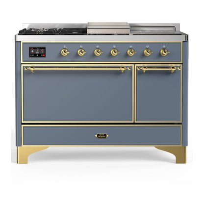 ILVE Majestic III 48-Inch Dual Fuel Range with 5 Sealed Burners + Griddle + French Top, 5.02 cu. ft. Oven, Blue Grey with Brass Trim, Liquid Propane, Solid Door, UM48FSQNR3BGGLP