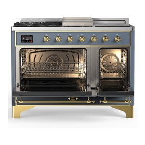 ILVE Majestic III 48-Inch Dual Fuel Range with 5 Sealed Burners + Griddle + French Top, 5.02 cu. ft. Oven, Blue Grey with Brass Trim, Natural Gas, Solid Door, UM48FSQNR3BGG