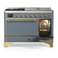 ILVE Majestic III 48-Inch Dual Fuel Range with 5 Sealed Burners + Griddle + French Top, 5.02 cu. ft. Oven, Blue Grey with Brass Trim, Natural Gas, Solid Door, UM48FSQNR3BGG