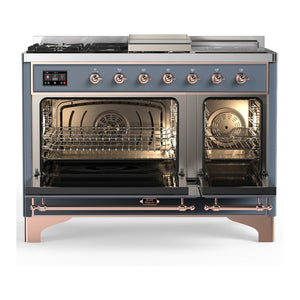 ILVE Majestic III 48-Inch Dual Fuel Range with 5 Sealed Burners + Griddle + French Top, 5.02 cu. ft. Oven, Blue Grey with Copper Trim, Liquid Propane, Solid Door, UM48FSQNR3BGPLP