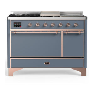 ILVE Majestic III 48-Inch Dual Fuel Range with 5 Sealed Burners + Griddle + French Top, 5.02 cu. ft. Oven, Blue Grey with Copper Trim, Natural Gas, Solid Door, UM48FSQNR3BGP