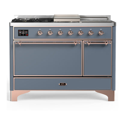 ILVE Majestic III 48-Inch Dual Fuel Range with 5 Sealed Burners + Griddle + French Top, 5.02 cu. ft. Oven, Blue Grey with Copper Trim, Natural Gas, Solid Door, UM48FSQNR3BGP