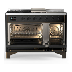 ILVE Majestic III 48-Inch Dual Fuel Range with 5 Sealed Burners + Griddle + French Top, 5.02 cu. ft. Oven, Glossy Black with Burnished Trim, Liquid Propane, Solid Door, UM48FSQNR3BKBLP