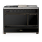 ILVE Majestic III 48-Inch Dual Fuel Range with 5 Sealed Burners + Griddle + French Top, 5.02 cu. ft. Oven, Glossy Black with Burnished Trim, Liquid Propane, Solid Door, UM48FSQNR3BKBLP
