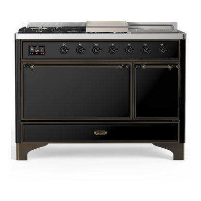ILVE Majestic III 48-Inch Dual Fuel Range with 5 Sealed Burners + Griddle + French Top, 5.02 cu. ft. Oven, Glossy Black with Burnished Trim, Liquid Propane, Solid Door, UM48FSQNR3BKBLP