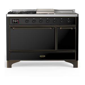 ILVE Majestic III 48-Inch Dual Fuel Range with 5 Sealed Burners + Griddle + French Top, 5.02 cu. ft. Oven, Glossy Black with Burnished Trim, Natural Gas, Solid Door, UM48FSQNR3BKB