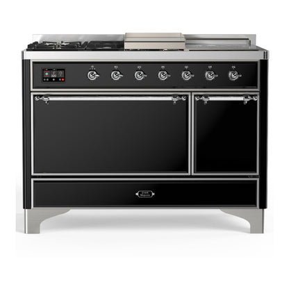 ILVE Majestic III 48-Inch Dual Fuel Range with 5 Sealed Burners + Griddle + French Top, 5.02 cu. ft. Oven, Glossy Black with Chrome Trim, Liquid Propane, Solid Door, UM48FSQNR3BKCLP