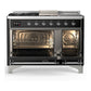 ILVE Majestic III 48-Inch Dual Fuel Range with 5 Sealed Burners + Griddle + French Top, 5.02 cu. ft. Oven, Glossy Black with Chrome Trim, Natural Gas, Solid Door, UM48FSQNR3BKC