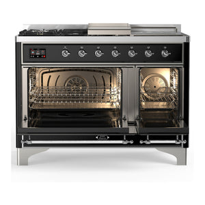 ILVE Majestic III 48-Inch Dual Fuel Range with 5 Sealed Burners + Griddle + French Top, 5.02 cu. ft. Oven, Glossy Black with Chrome Trim, Natural Gas, Solid Door, UM48FSQNR3BKC