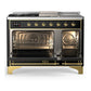 ILVE Majestic III 48-Inch Dual Fuel Range with 5 Sealed Burners + Griddle + French Top, 5.02 cu. ft. Oven, Glossy Black with Brass Trim, Liquid Propane, Solid Door, UM48FSQNR3BKGLP