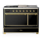 ILVE Majestic III 48-Inch Dual Fuel Range with 5 Sealed Burners + Griddle + French Top, 5.02 cu. ft. Oven, Glossy Black with Brass Trim, Liquid Propane, Solid Door, UM48FSQNR3BKGLP