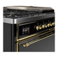 ILVE Majestic III 48-Inch Dual Fuel Range with 5 Sealed Burners + Griddle + French Top, 5.02 cu. ft. Oven, Glossy Black with Brass Trim, Natural Gas, Solid Door, UM48FSQNR3BKG