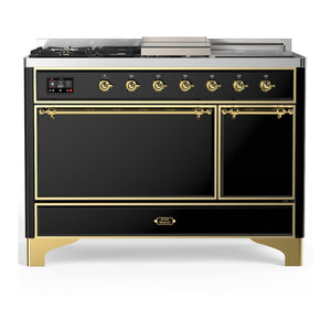 ILVE Majestic III 48-Inch Dual Fuel Range with 5 Sealed Burners + Griddle + French Top, 5.02 cu. ft. Oven, Glossy Black with Brass Trim, Natural Gas, Solid Door, UM48FSQNR3BKG